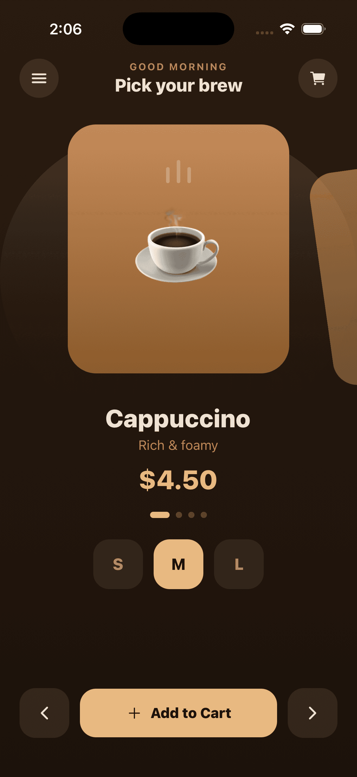 Coffee Order Carousel in React Native — Swipe the cards and they scale, tilt and fade