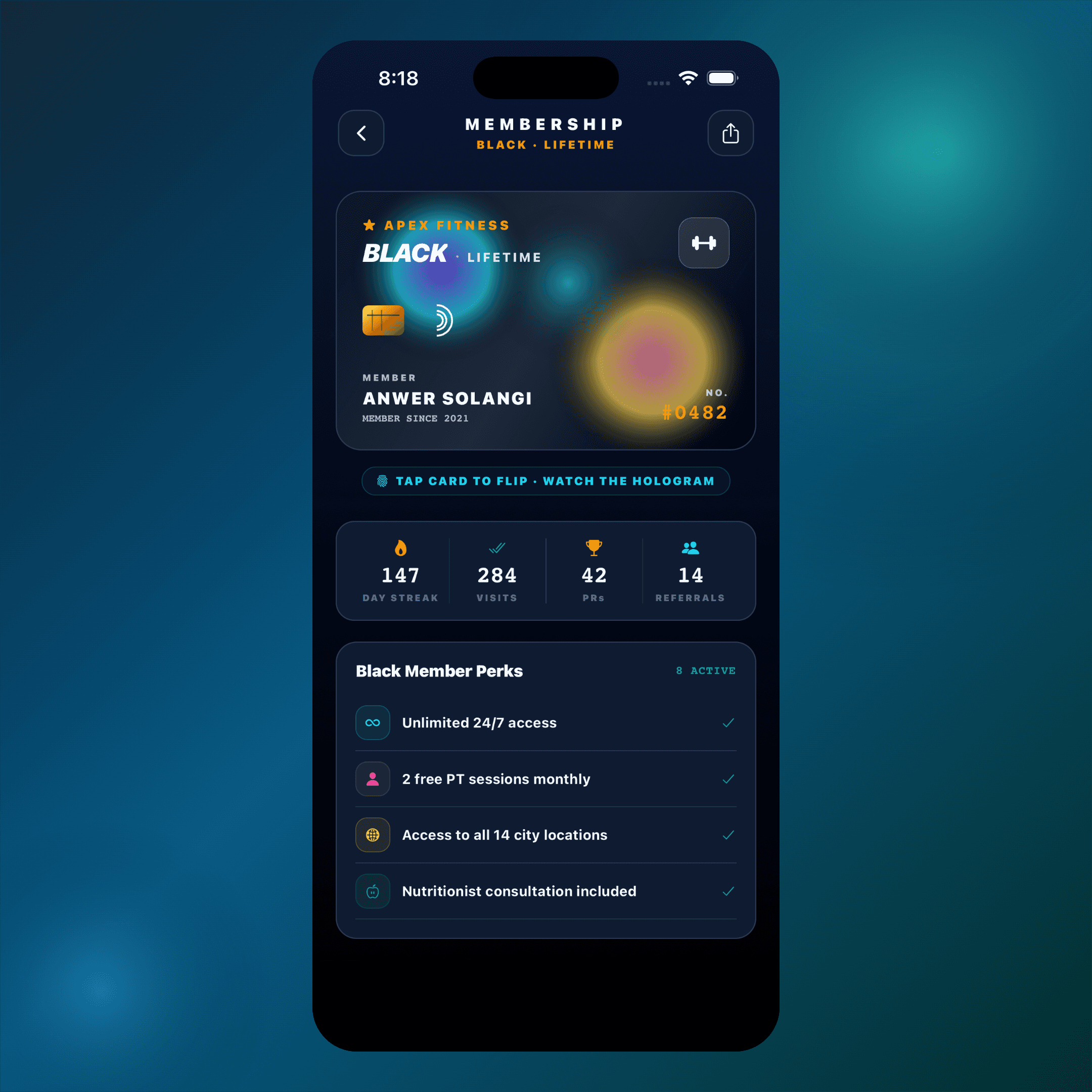Premium Gym Membership Card in React Native Skia — Hologram Shimmer + Card Flip